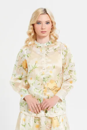 Women Yellow Printed Buttoned Long Sleeves Shirt