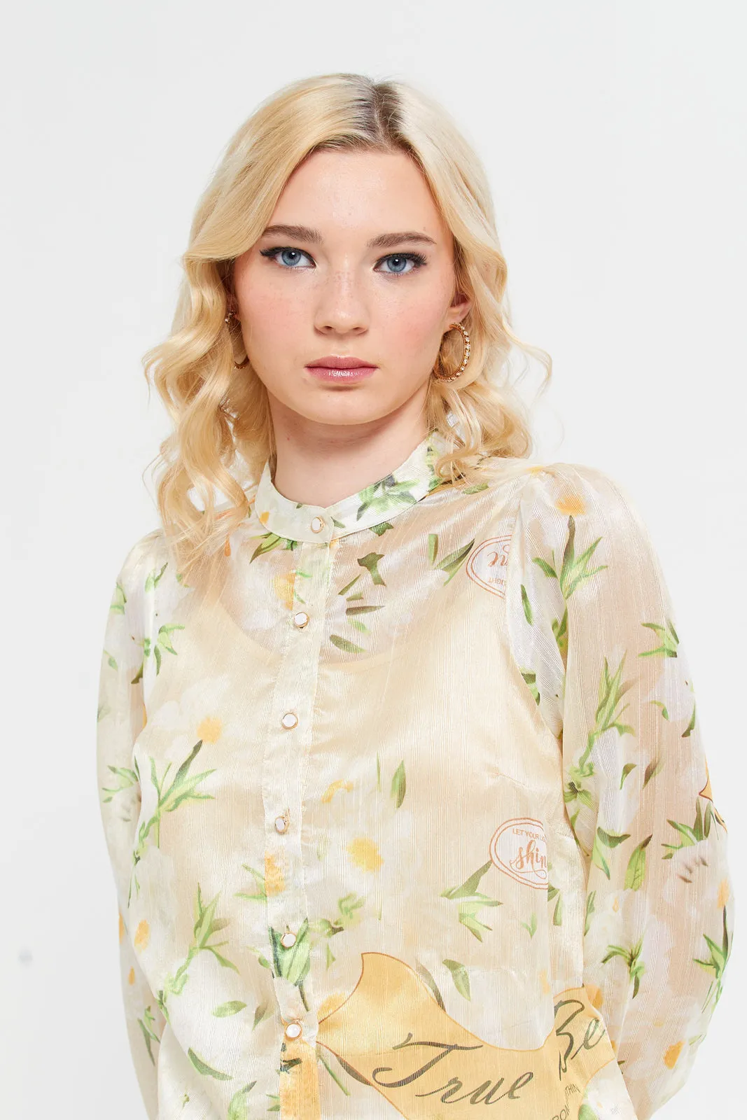 Women Yellow Printed Buttoned Long Sleeves Shirt